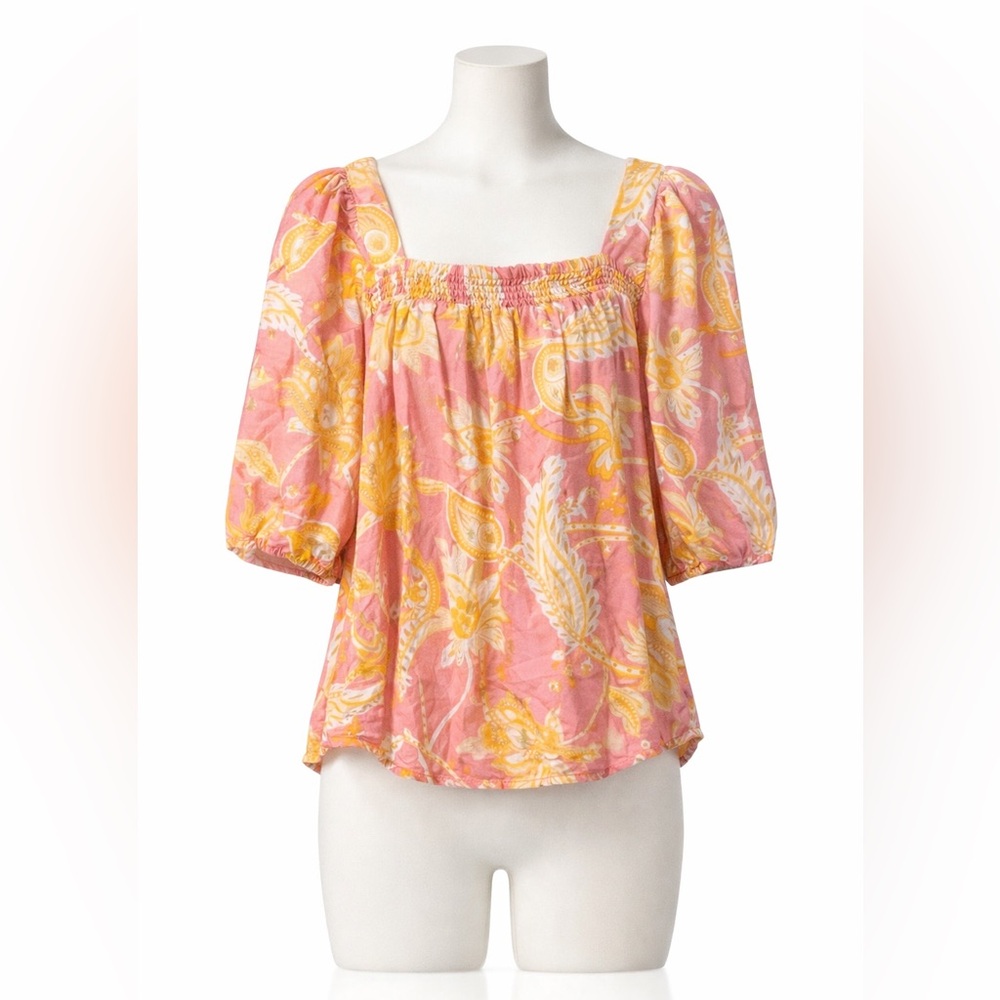 Harvey Bernard Pink Floral Blouse Medium Smocked Square Neck Puff Sleeve Top